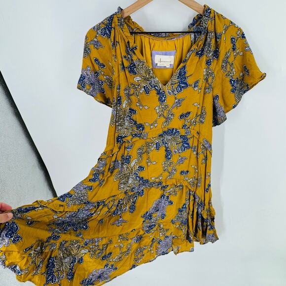 Anthropologie Boho Floral Midi Dress Mustard Yellow Blue Print Flutter Sleeve M - Picture 2 of 8